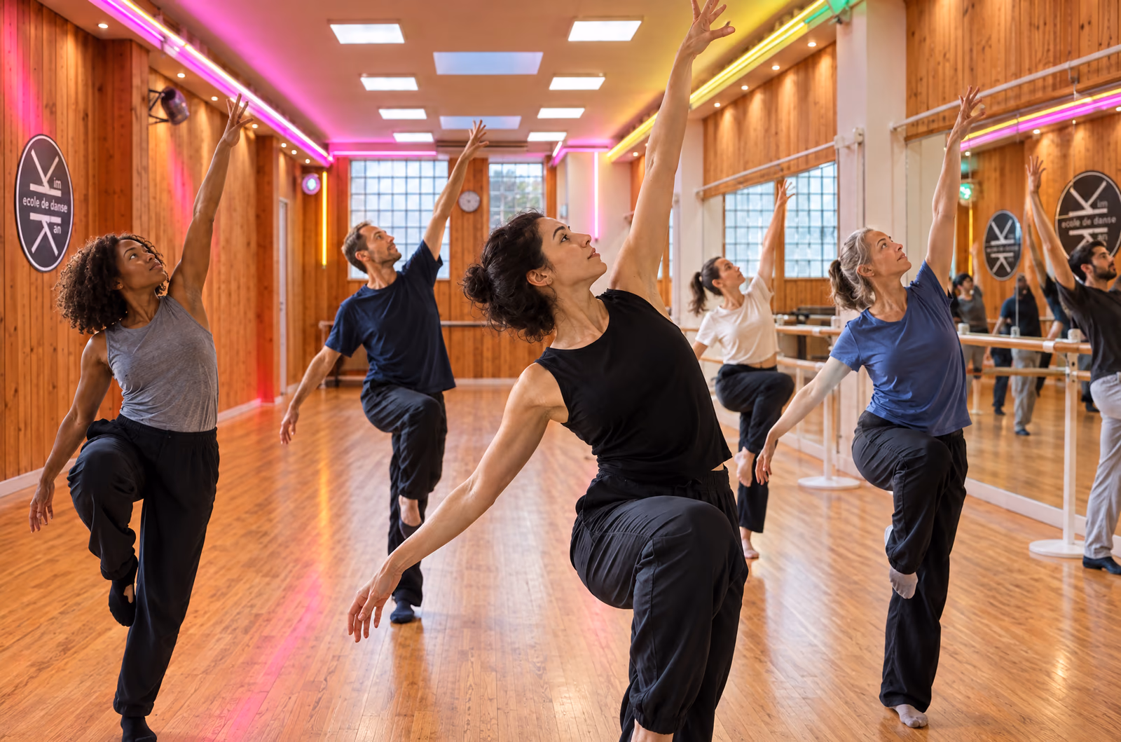 Contemporain : des adultes de tous âges lancent les bras vers le plafond dans un même élan, dans la salle 1 de Gambetta, entre le lambris de pin et les barres blanches.