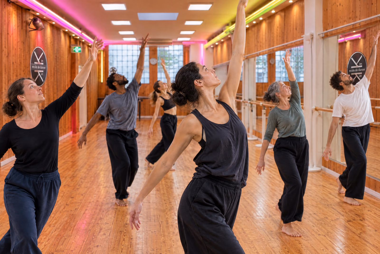 Contemporain : des adultes en tenues souples, bras levés et regard au loin, dans la salle 1 de Gambetta sous les rubans lumineux roses et verts.