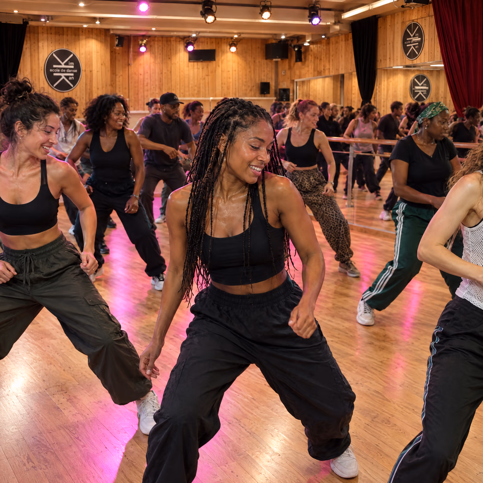 Dancehall : un cours bondé, genoux fléchis et sourires, sous la lumière rose du Studio des Rigoles, entre le lambris et les médaillons du logo.
