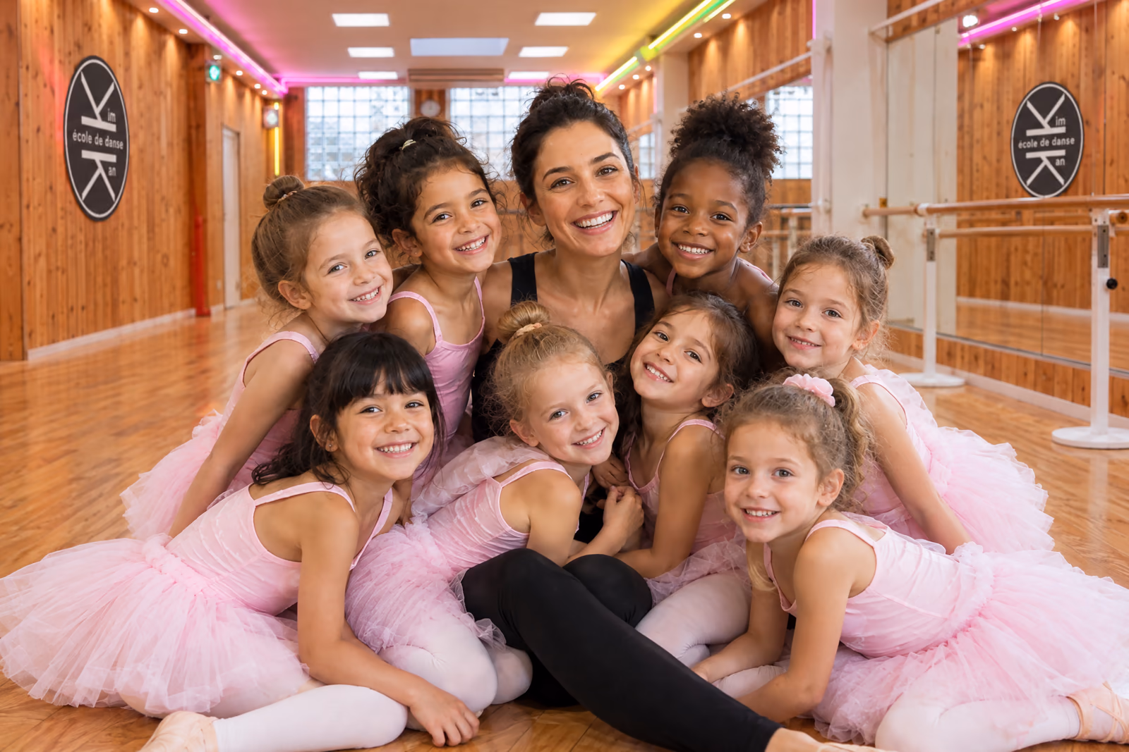 Éveil 4-5 ans : photo de groupe de fillettes en tutus roses serrées autour de leur professeure, assises sur le parquet de la salle 1 de Gambetta.