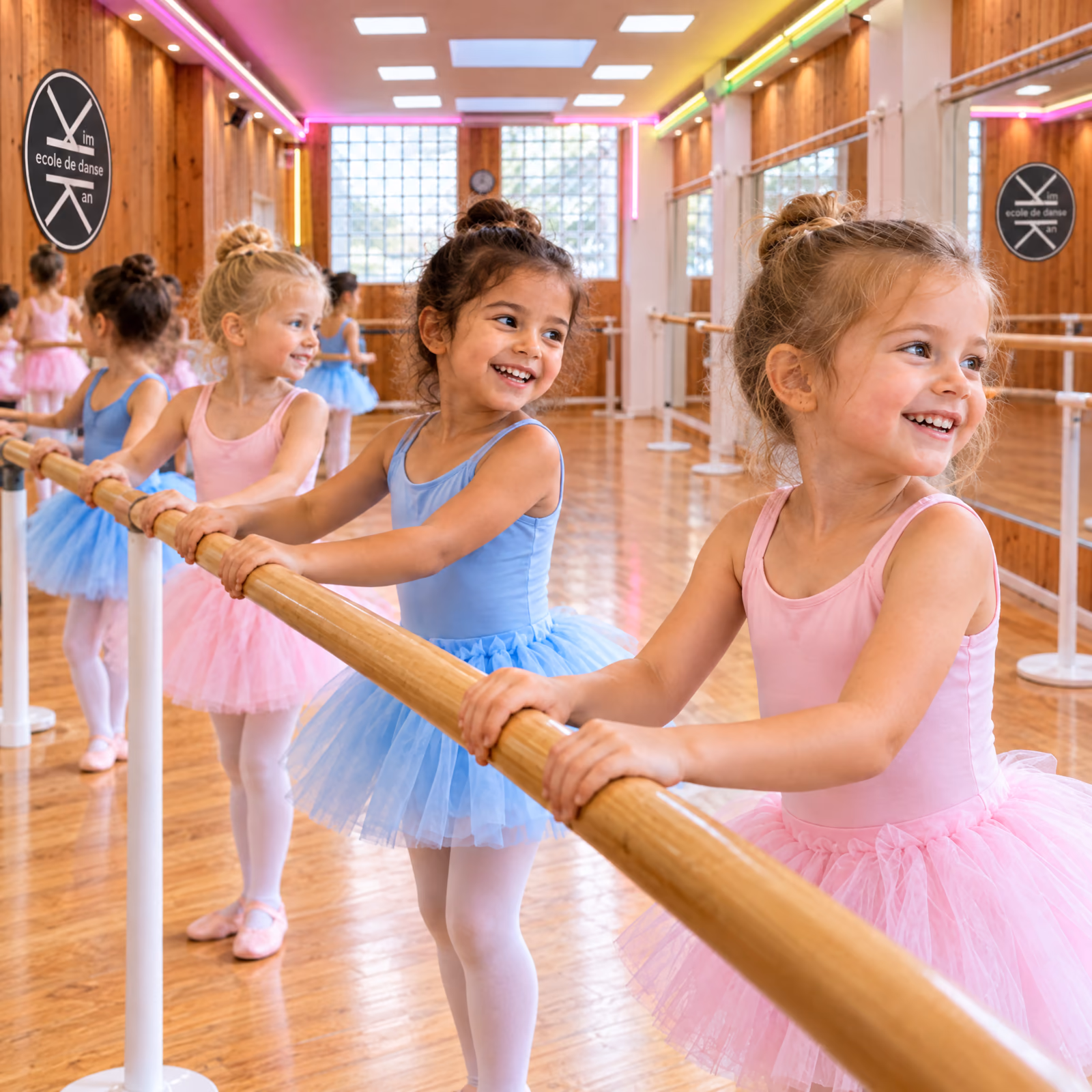 Éveil : de petites filles en tutus roses et bleus, la main sur la barre, rient dans la salle 1 de Gambetta.