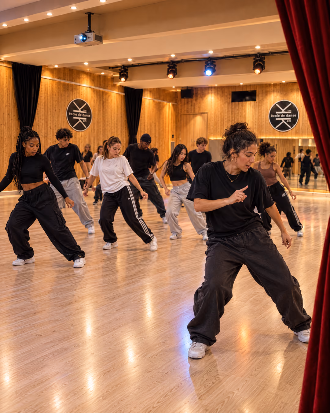Atelier chorégraphique : de jeunes danseurs en tenue urbaine répètent une pièce, alignés en diagonale, au Studio des Rigoles.