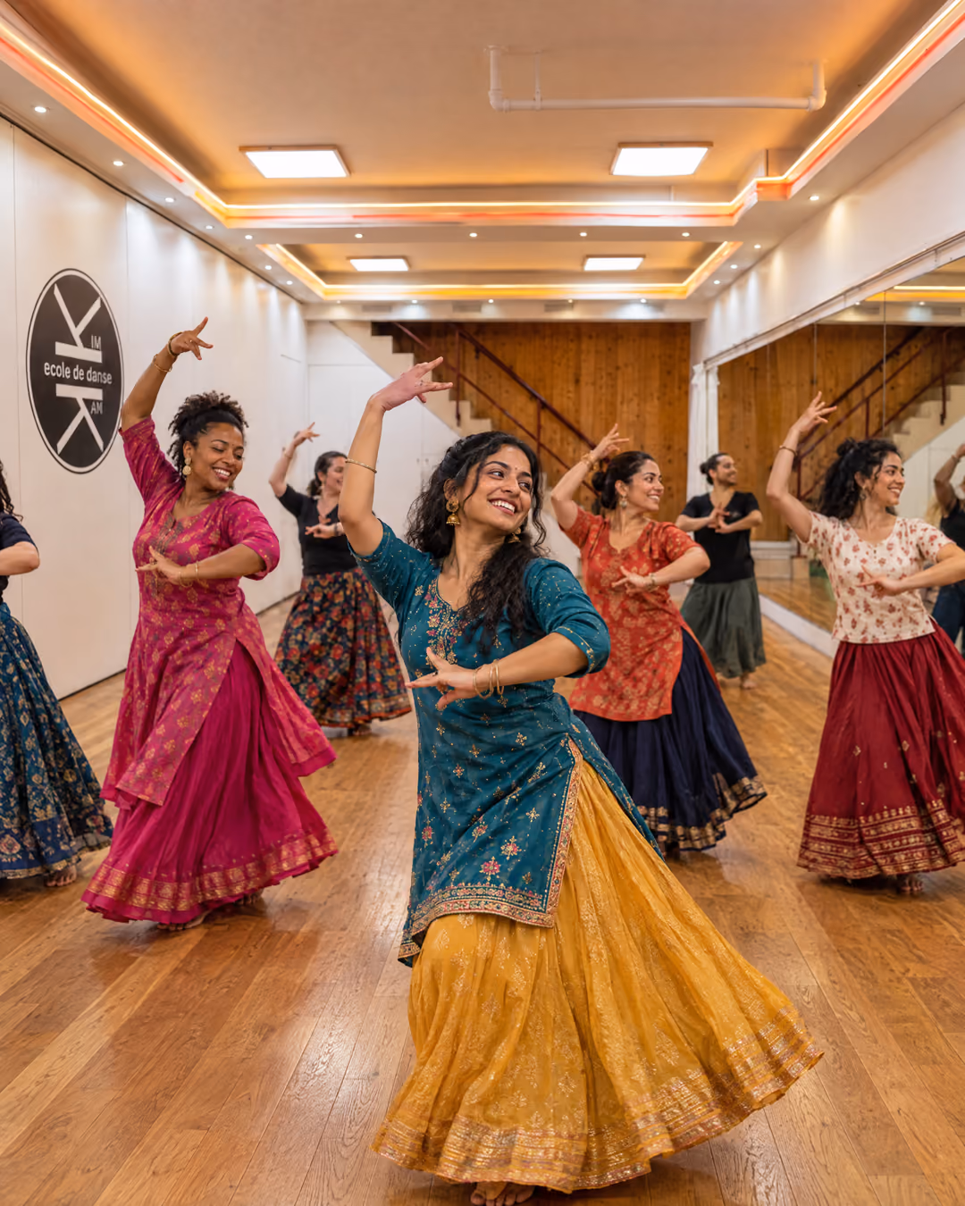 Bollywood : un groupe d’adultes en kurtas de couleur fait le même geste des mains, souriant, dans la salle 3 de Gambetta.