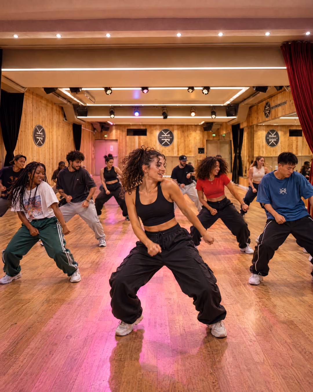 Dancehall : de jeunes adultes en tenues de couleur dansent genoux fléchis, une danseuse en tête, au Studio des Rigoles sous la lumière rose.