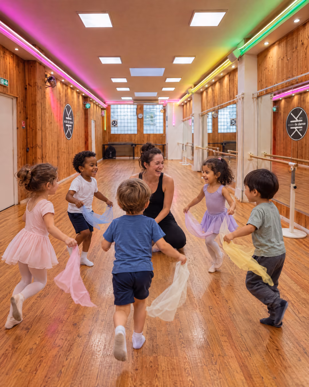 Éveil 4-5 ans : six enfants courent en ronde avec des foulards de couleur autour de leur professeure, accroupie et rieuse, dans la salle 1 de Gambetta, lambris de pin et rubans lumineux roses et verts.