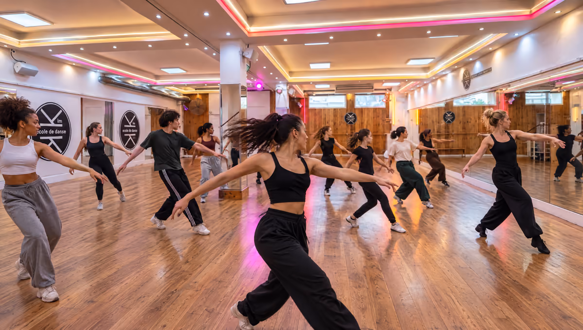 Un cours de modern jazz dans la grande salle de 140 m² de l’Espace Danse Gambetta : une quinzaine de danseurs, bras ouverts dans le même mouvement, entre le pilier miroir et les médaillons du logo, sous les rubans lumineux roses et dorés.