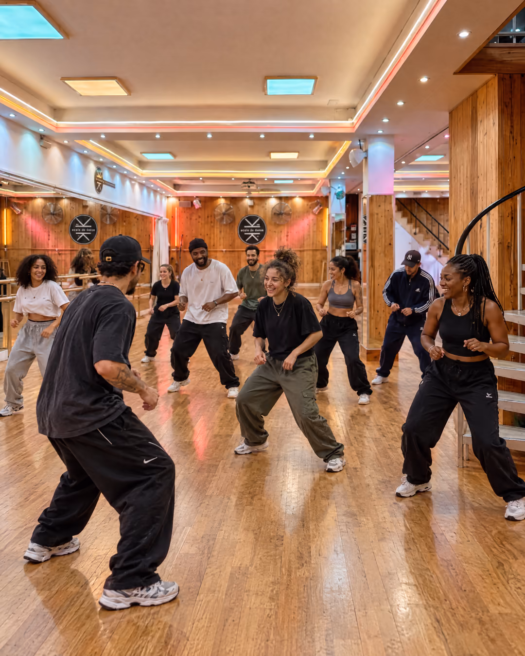 Hip-hop adultes : un groupe en tenue urbaine danse en rebond et rit, autour du professeur en casquette, dans la grande salle de Gambetta.