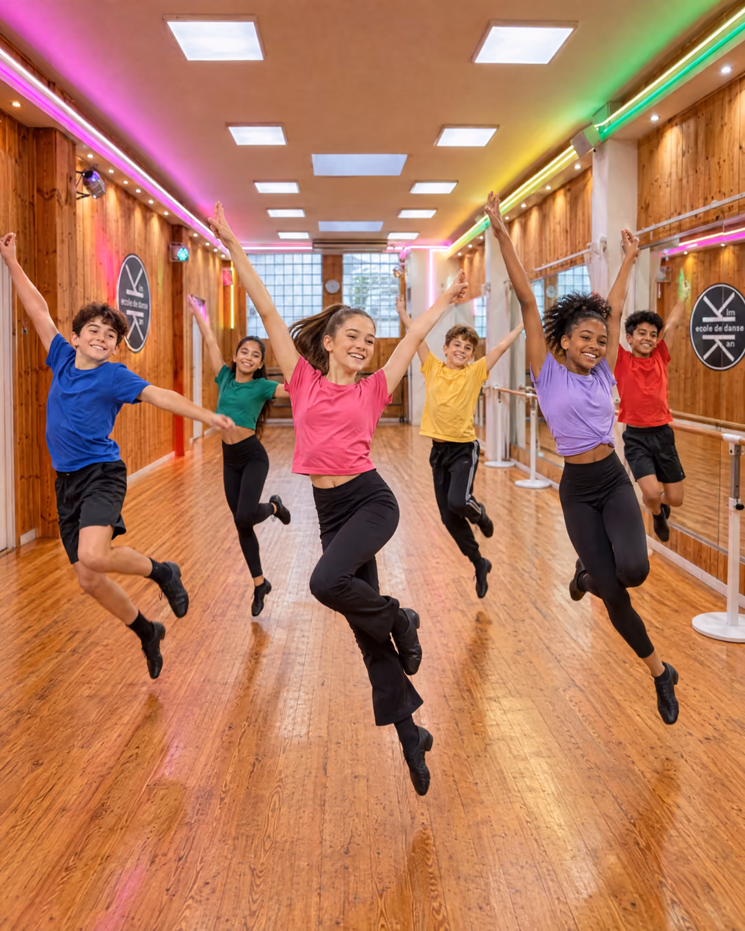Modern jazz 11-13 ans : un groupe de préadolescents saute bras en V, en t-shirts de couleur, dans la salle 1 de Gambetta.