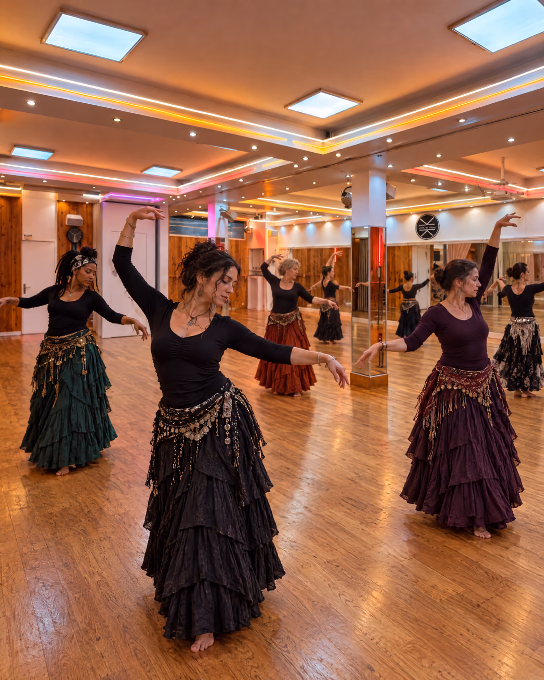 Tribal fusion : des danseuses en longues jupes à volants et foulards de hanches, bras ondulants, dans la grande salle de Gambetta.