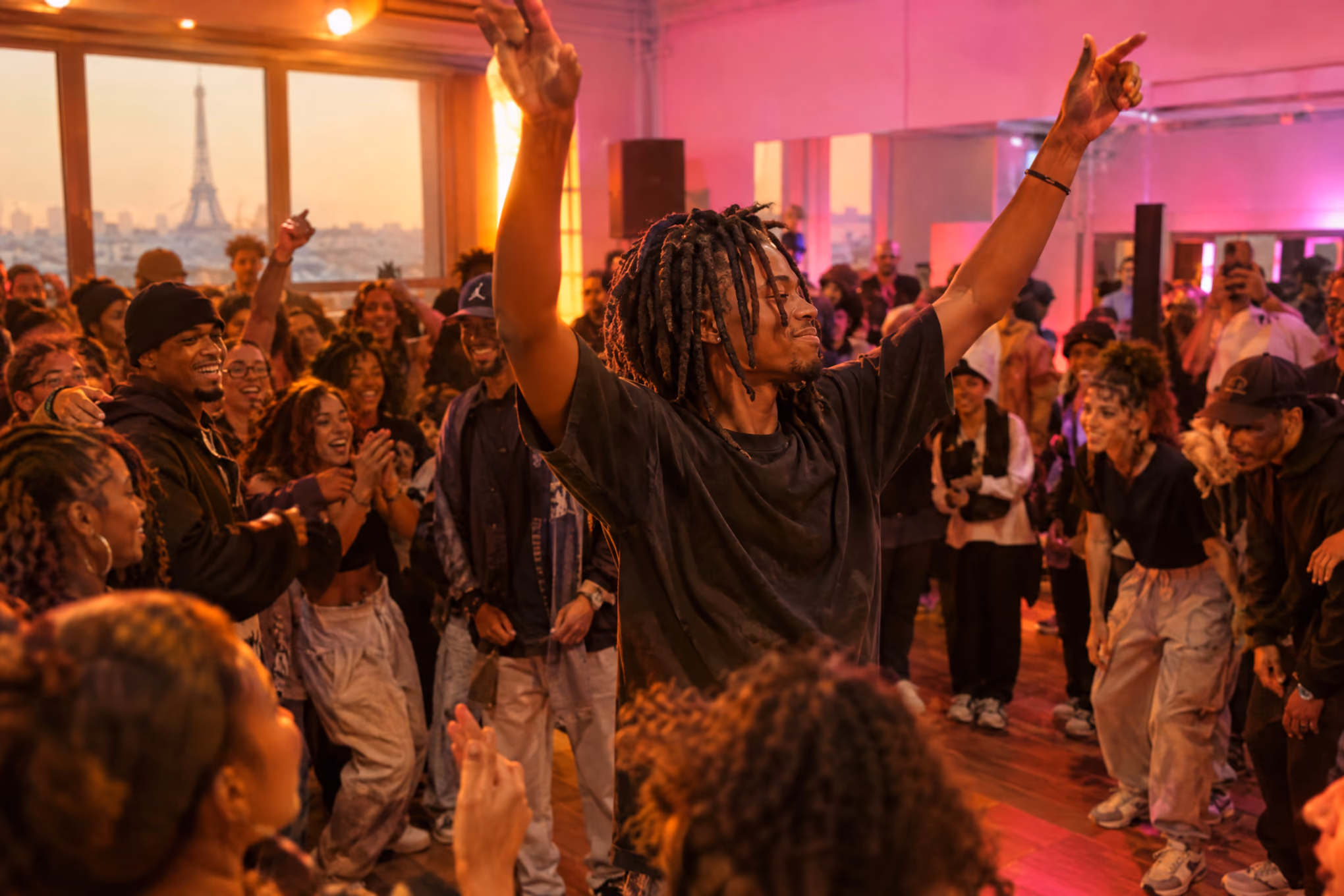 Danseur aux locks bras levés dans la foule.