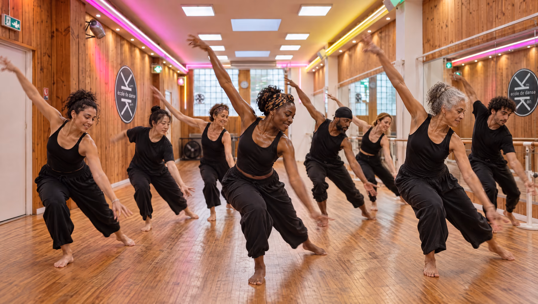 Neuf danseuses et danseurs pieds nus, en noir, de tous âges et de toutes origines, en fente profonde, bras levés, pendant un cours de technique Katherine Dunham dans la salle 1 de l’Espace Danse Gambetta.