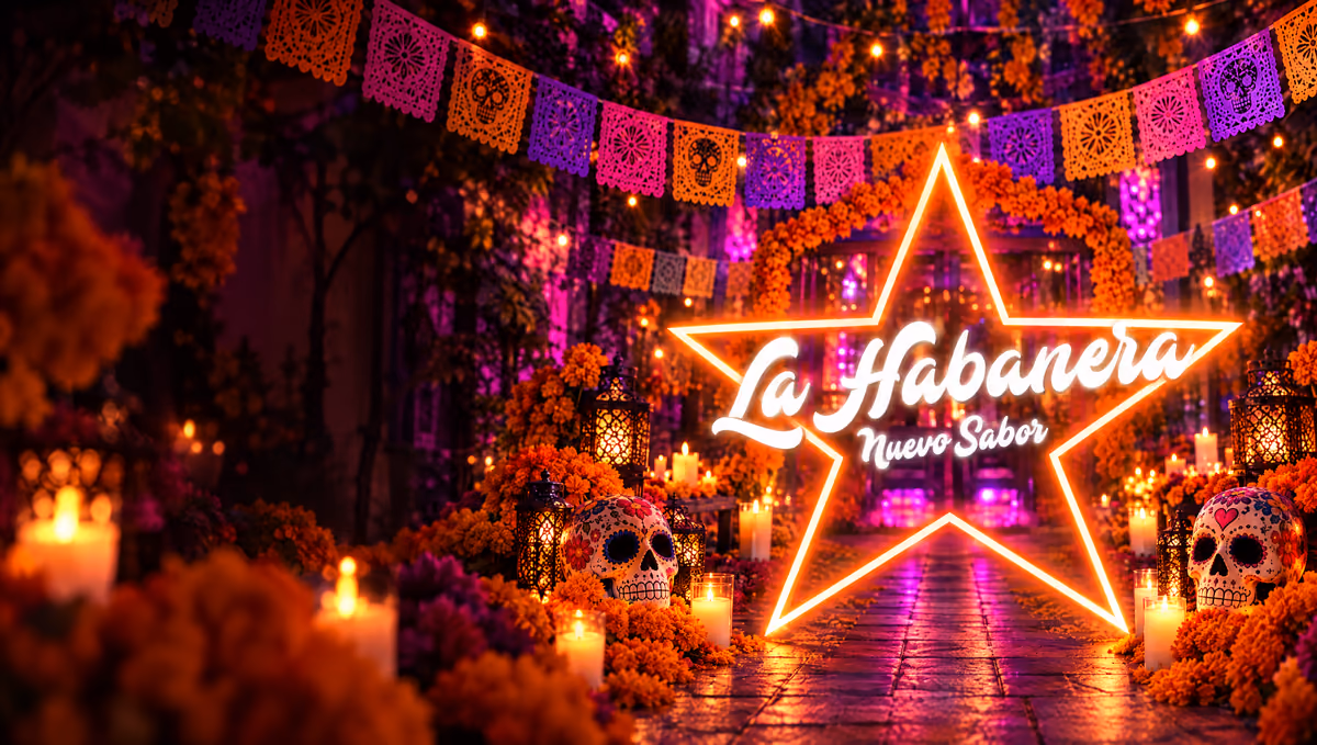Déclinaison de l’affiche de La Habanera, Nuevo Sabor, édition Día de los Muertos : l’étoile néon et le logo de la soirée dans une rue décorée de papel picado, d’œillets d’Inde, de bougies et de crânes en sucre.
