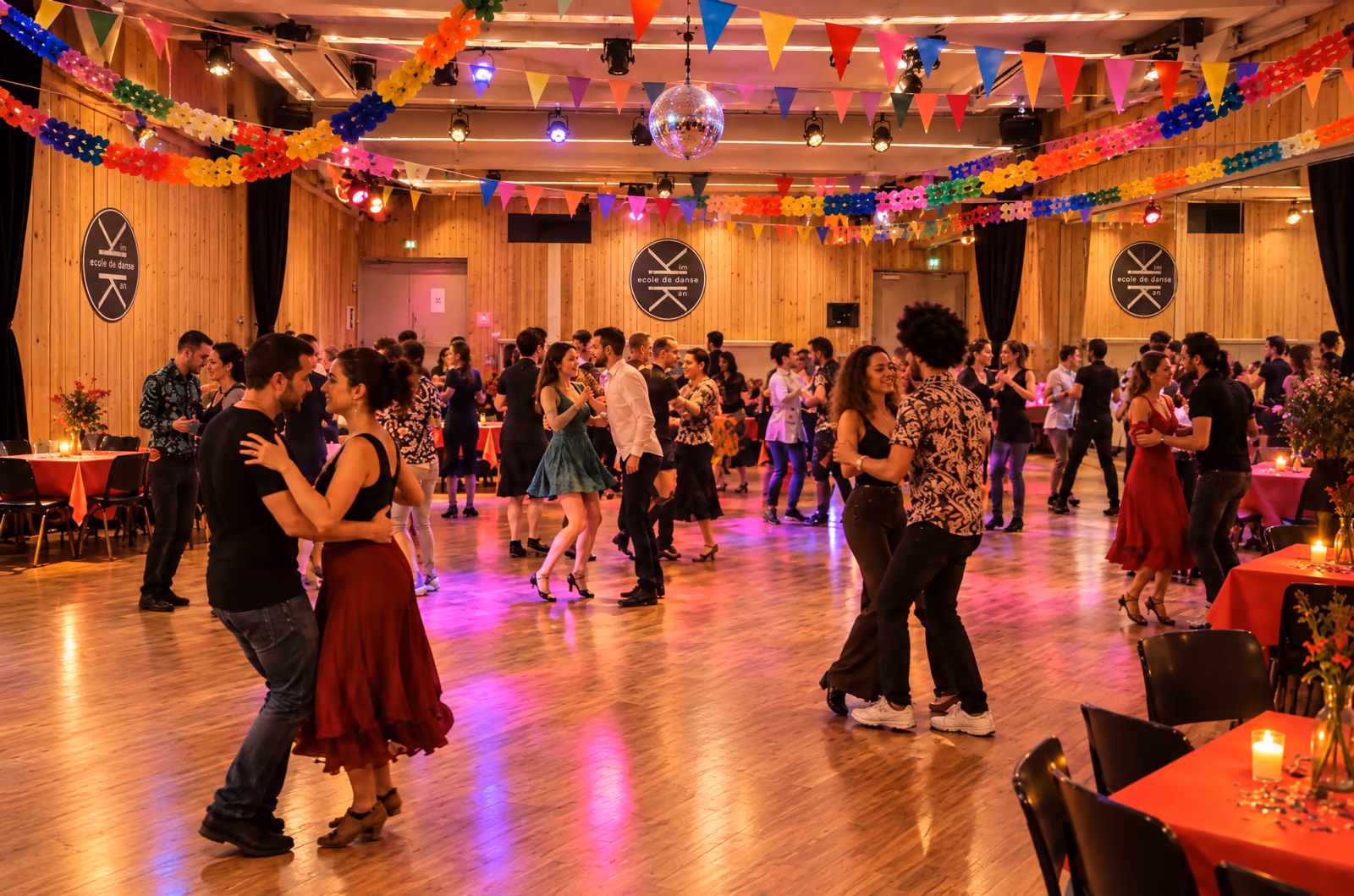 Bal de forró au Studio des Rigoles : la salle décorée de fanions et de guirlandes, des couples dansent enlacés entre les tables.