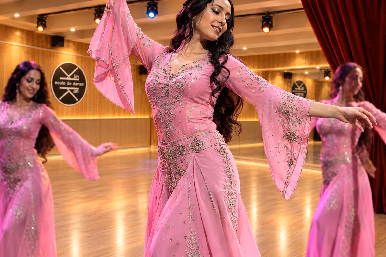 Danse orientale : des danseuses en robes roses aux longues manches évasées, au Studio des Rigoles, rideau rouge derrière elles.