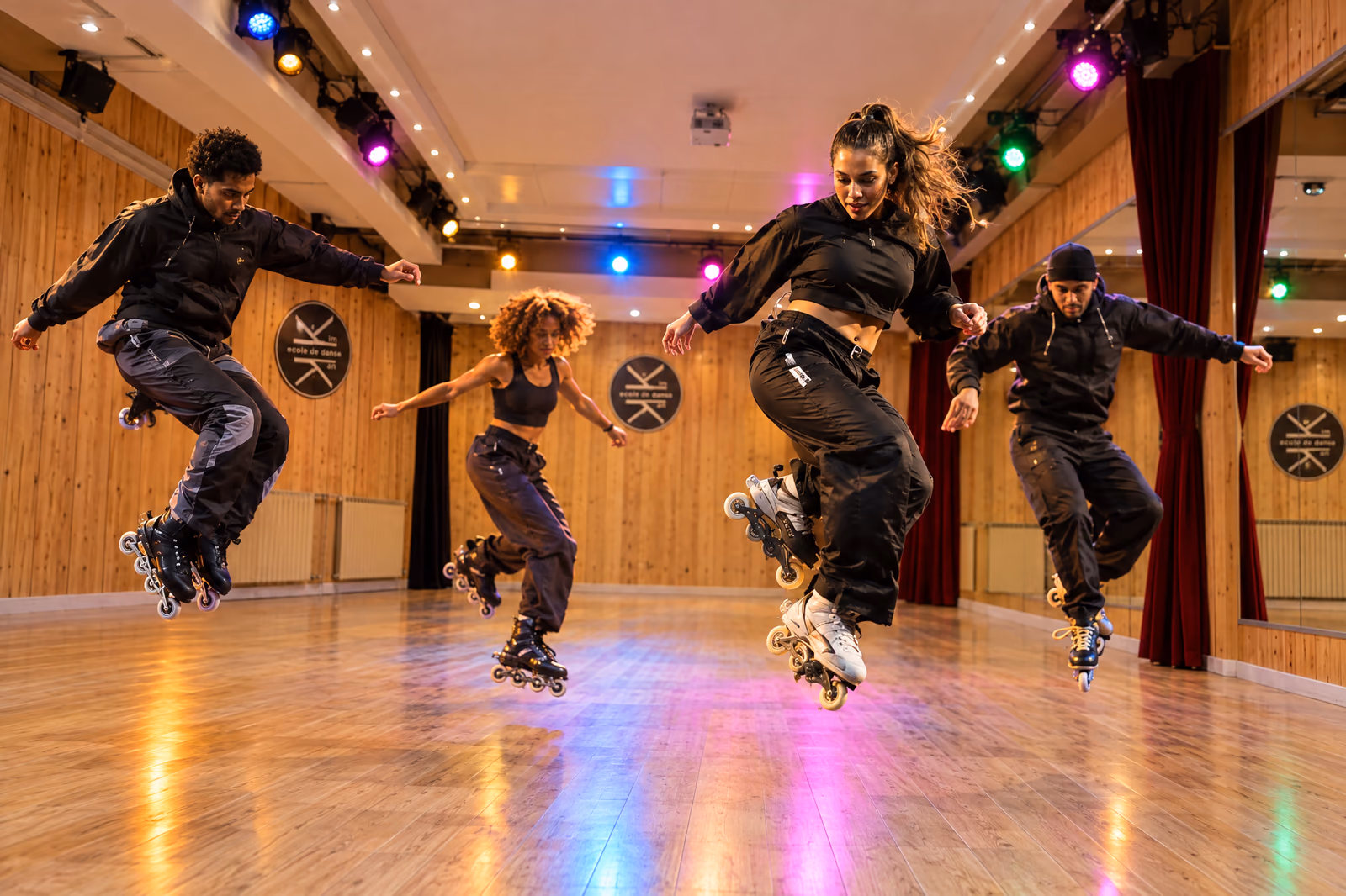 Roller dance : des patineurs en noir sautent en même temps, au Studio des Rigoles sous les projecteurs colorés.