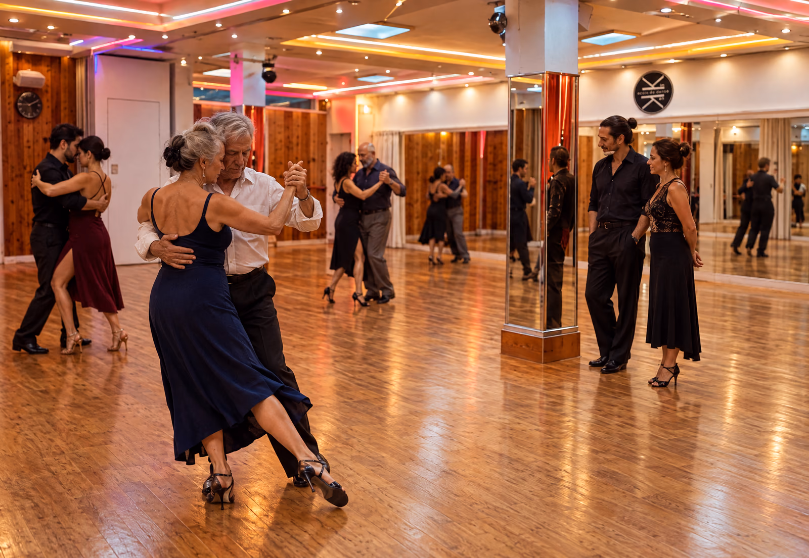 Tango argentin : quatre couples dansent en abrazo dans la grande salle de 140 m² de l’Espace Danse Gambetta ; au premier plan, une danseuse aux cheveux gris en robe bleu nuit dessine un ocho, le couple de professeurs regarde près d’un pilier miroir.