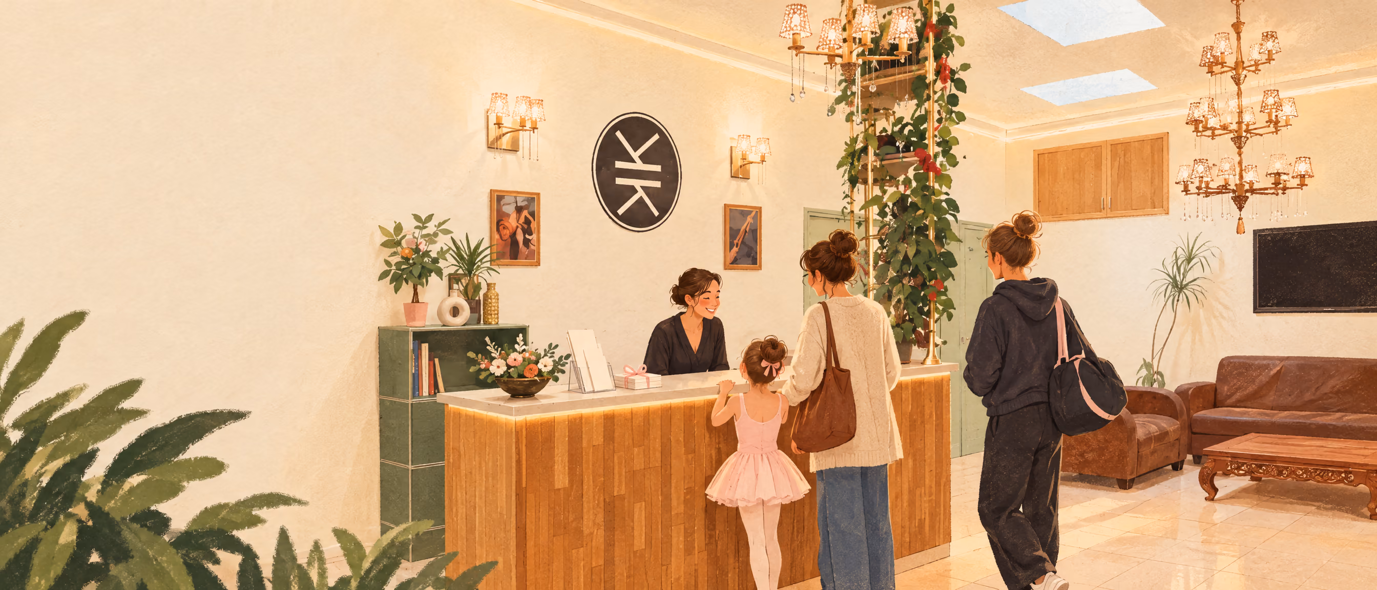 Illustration : l’accueil de l’Espace Danse Gambetta, son comptoir de bois éclairé, le logo de l’école au mur : une mère et sa fille en tutu, et une jeune danseuse, viennent s’inscrire.