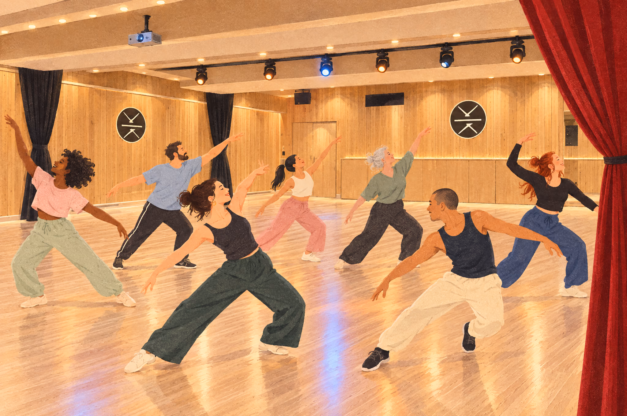 Illustration : un cours d’adultes de tous âges au Studio des Rigoles, sous les projecteurs, devant le rideau de velours rouge.