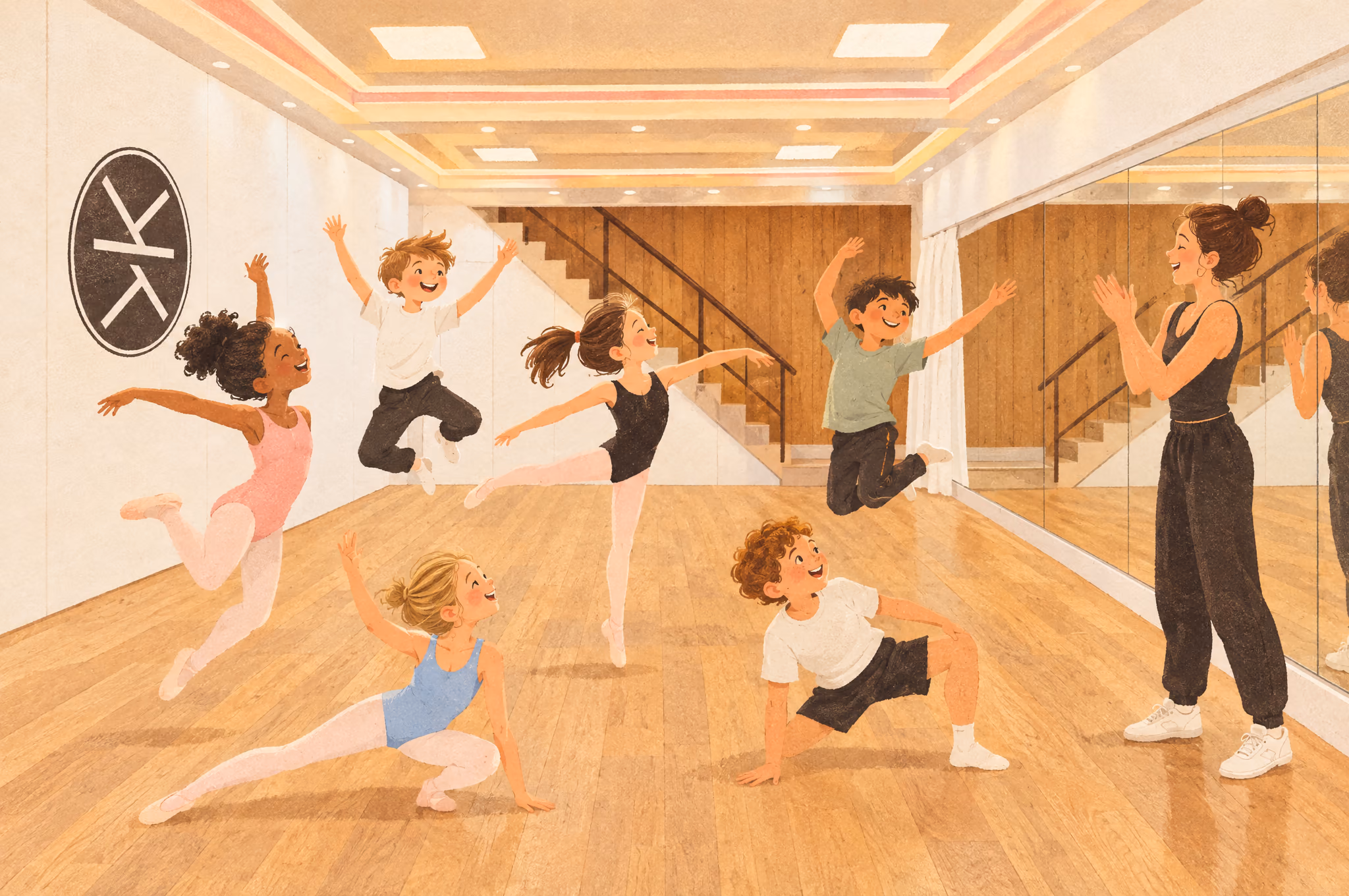 Illustration : un cours d’enfants dans la salle 3 de l’Espace Danse Gambetta : trois filles et trois garçons sautent et s’étirent, leur professeure bat la mesure.