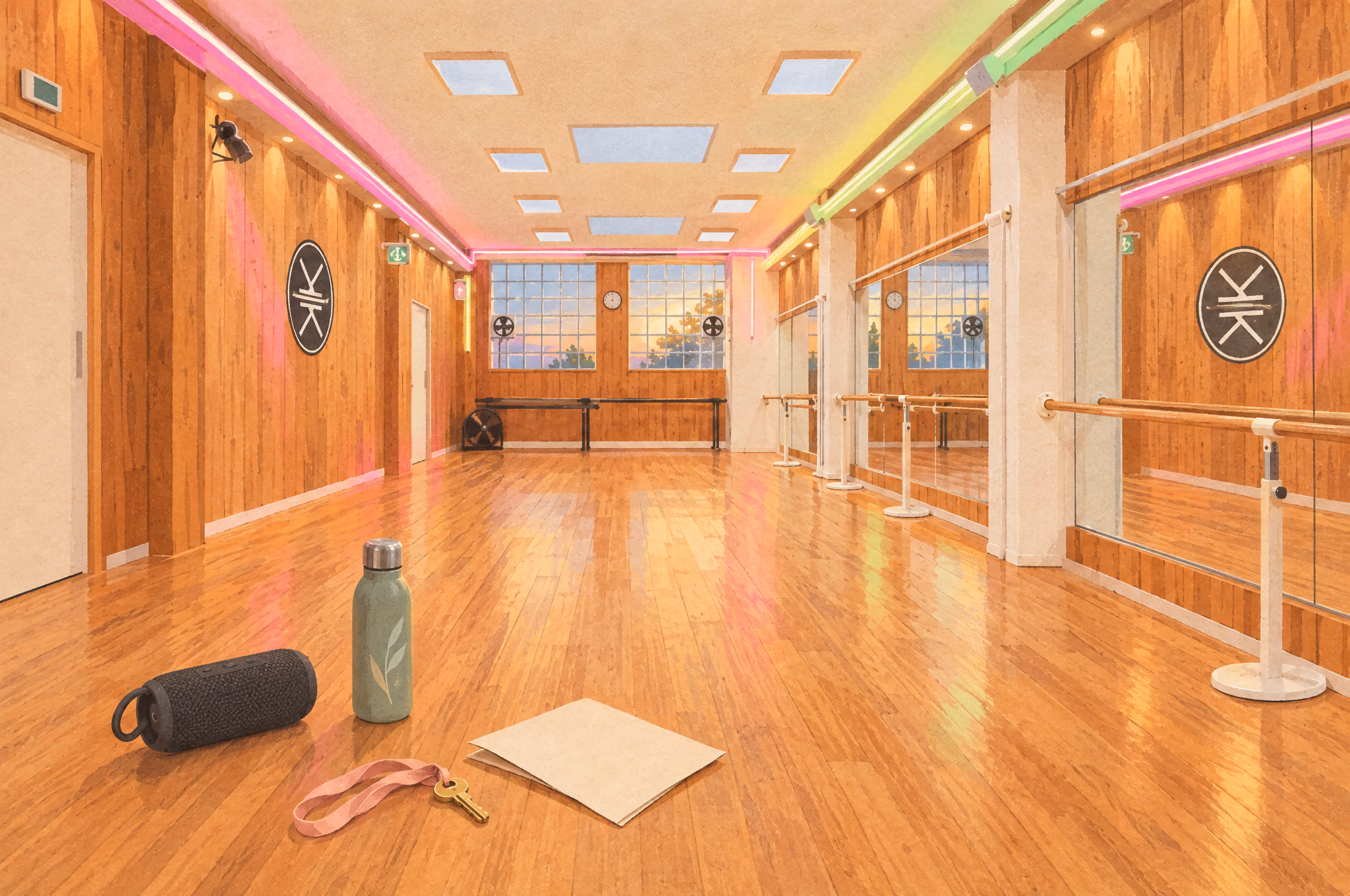 Illustration : la salle 1 de l’Espace Danse Gambetta, vide et prête à être louée : une clé à ruban, une enceinte et une gourde posées sur le parquet.